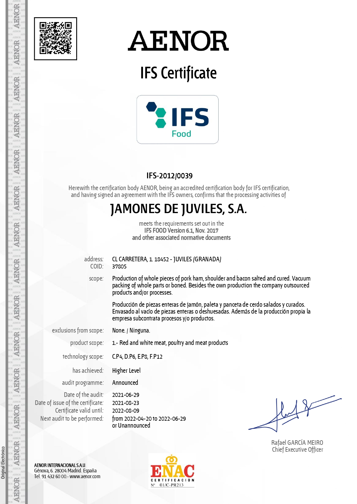 Certificado AENOR IFS